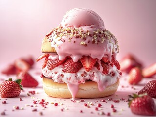 Delightful pink strawberry and cream burger with melting ice cream topped with ripe strawberries, perfect for summer indulgence on a light pink background