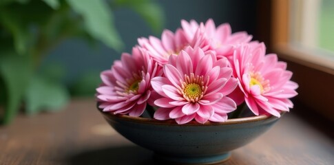 Delicate pink mums in traditional Japanese style, shallow bowl display , pink, still life