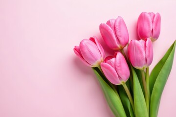 Obraz premium Delicate pink tulips on soft pink and white backdrop, flowers, garden