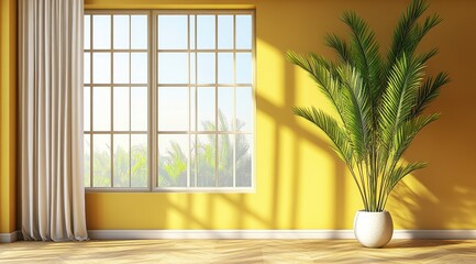 Sunlit Room Interior with Yellow Walls and a Green Plant