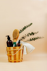 Set of  SPA cosmetic products. Dry Brush, Sea Salt, Scrub, Organic Oil, Towel. Anti-cellulite brush for dry body massage. Women's organic scin care. Prevent cellulite and body problem