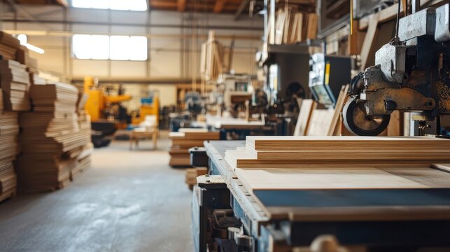 Advanced furniture production factory with automated woodworking machines and skilled artisans overseeing craftsmanship