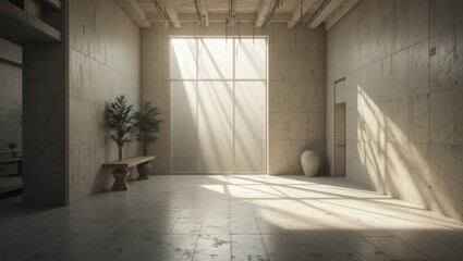 Minimalist Interior Space With Natural Light Streamed Through Large Window And Concrete Walls
