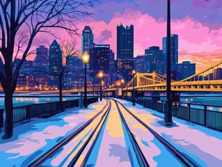 Obraz premium Colorful illustration of a bustling city skyline with a bridge and iconic architecture during twilight. The image depicts a tranquil winter scene with snow-covered streets and sidewalks, where a
