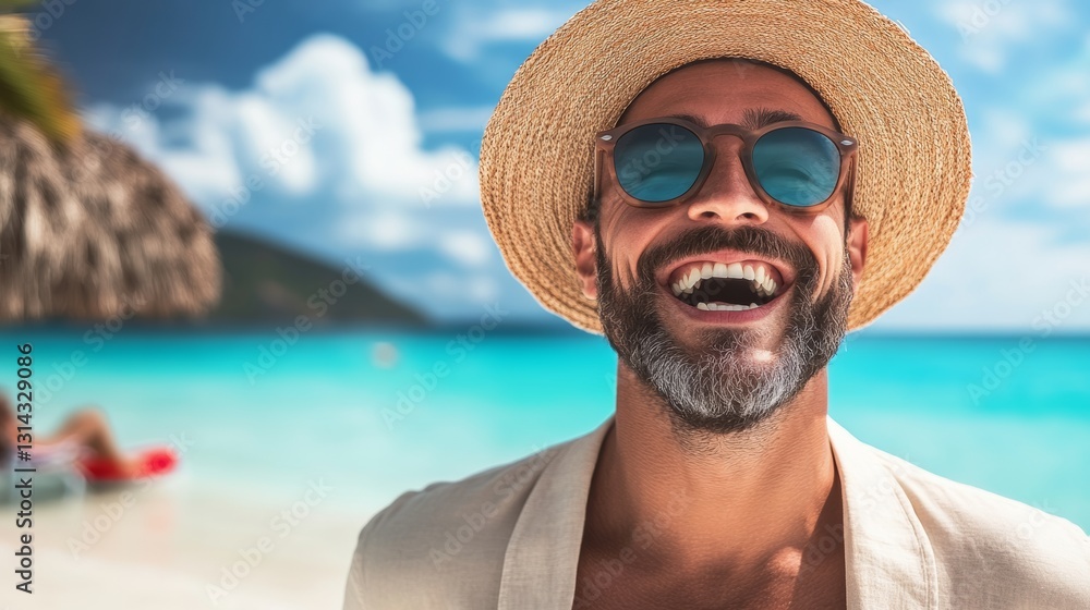 Poster man wearing a straw hat and sunglasses is smiling at the camera. he is standing on a beach with the 