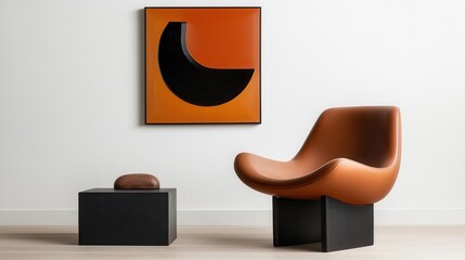 Carbon footprint and consumption concept. A modern lounge chair paired with a geometric art piece and a sleek side table, creating a stylish and contemporary living space.