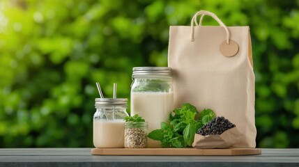Carbon footprint and consumption concept. A serene display of jars filled with milk and herbs, complemented by a reusable bag, set against a lush green background.