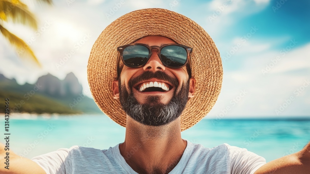 Poster man with a beard and sunglasses is smiling and wearing a straw hat. he is standing on a beach with t