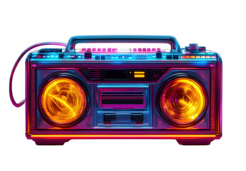 Retro 80s boombox revamped with neon lights and modern futuristic design