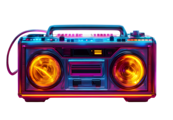 Retro 80s boombox revamped with neon lights and modern futuristic design