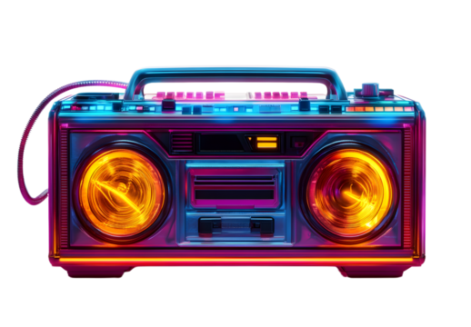 Retro 80s boombox revamped with neon lights and modern futuristic design