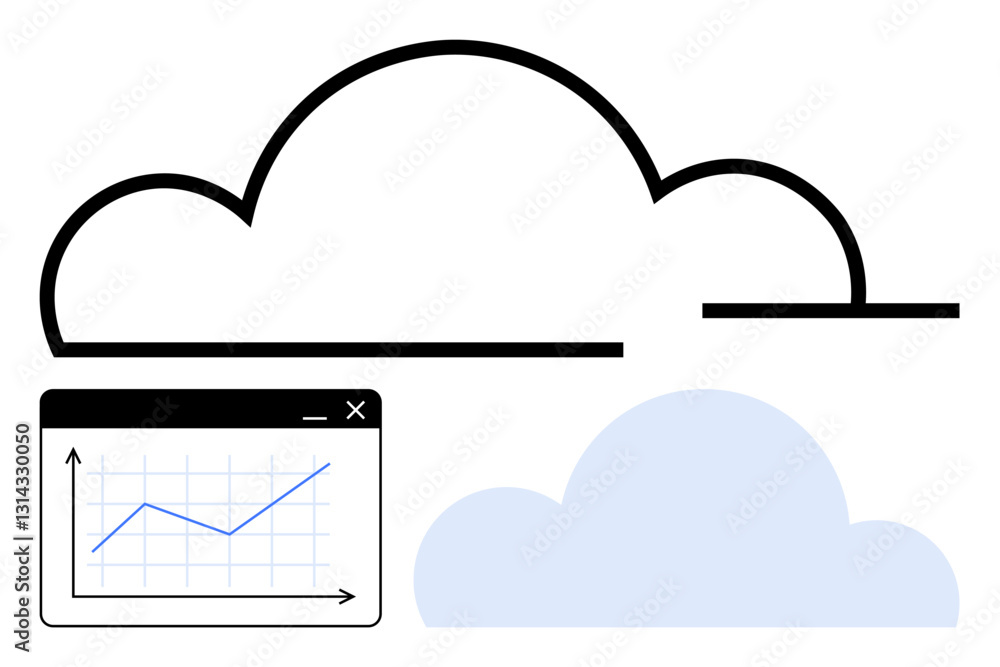 Poster black outlined and blue cloud with a graph showing upward trend in a data window. ideal for technolo