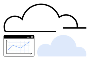 Black outlined and blue cloud with a graph showing upward trend in a data window. Ideal for technology, analytics, cloud storage, data growth, innovation, business solutions, progress. Flat simple