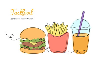 Colour Set of Fast Food: Burger, Fries, and Milkshake Continuous Single Line Drawing Minimalist Vector Illustration