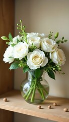 Obraz premium Delicate white floral display, wooden shelf, natural nut accents, soft backdrop, nuts, summer