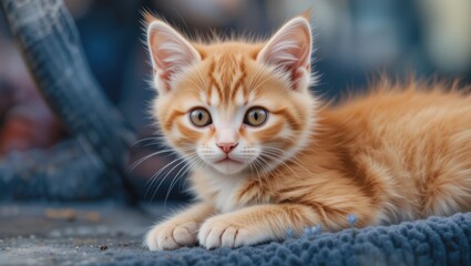 Closeup of a Cute Orange Tabby Kitten with Expressive Eyes Relaxing Outdoors on a Sunny Day
