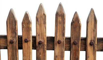 Weathered Brown Wooden Fence with Pointed Pickets Against White Background