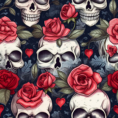 Vintage Seamless Pattern with Skulls and Roses – Gothic Floral Digital Artwork