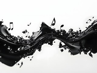 Tangible Musical Waves Striking Black Notes Forming Fluid Pattern on Clean White Backdrop