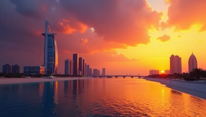 Obraz premium Dramatic sunrise paints Dubai's cityscape in warm hues , cityscape, architecture, modern