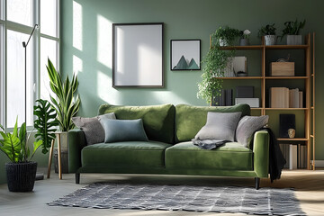 Interior of living room with green sofa, shelf unit and Sansevieria plants