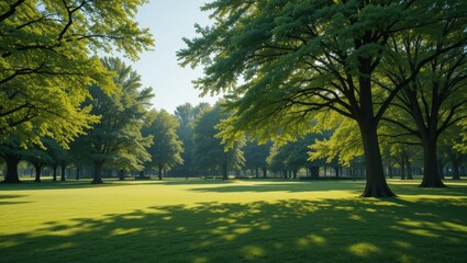 Obraz premium Serene Landscape of Sunlit Green Park Surrounded by Majestic Trees in Afternoon Light