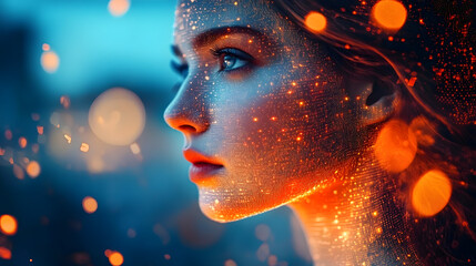 Picture of a young woman, double exposure with futuristic patterns, neon data flow, abstract digital transformation aesthetic