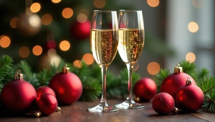 Elegant champagne flutes filled, surrounded by Xmas ornaments , christmas, champagne