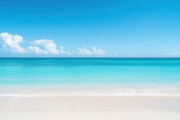 Pristine beach with soft white sand, turquoise waters, and a tranquil sky, capturing a serene coastal paradise.