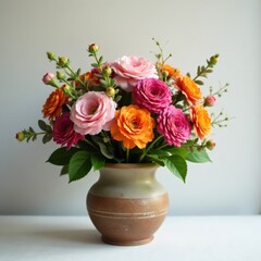 Elegant mixed flower bouquet in rustic ceramic pot, wedding, beauty
