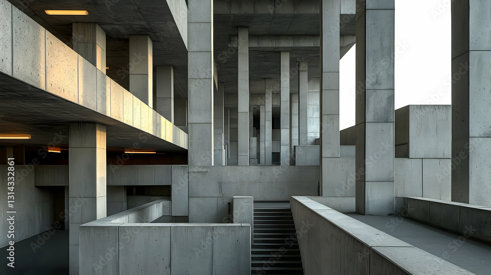 Poster imposing brutalist architecture concrete interior with geometric columns and staircase in gray and o