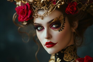 Fashion portrait of a model wearing Halloween makeup, golden headpiece with red roses and golden and red costume