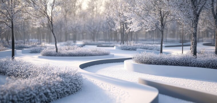 Serene winter garden landscape with snow-covered trees and modern design