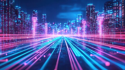 3D Earth in a futuristic data transfer scene, illuminated by bright neon lines, pulsating with global connectivity and data exchange.