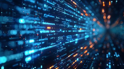 Futuristic Digital Landscape with Glowing Blue Computer Code Streaming in Mid air Representing Advanced Algorithms and Intelligence