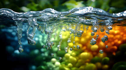 Water splash over rainbow-colored aquatic background