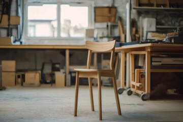 Wooden chair positioned in a carpentry workshop, highlighting the essence of craftsmanship and small business manufacturing
