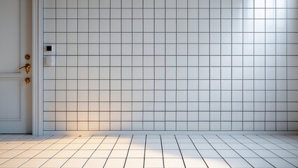 Minimalist white tiled room with door and object