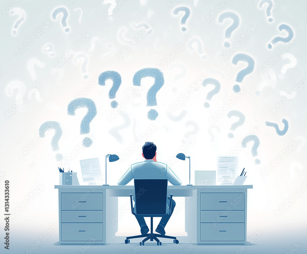 Poster man sitting at desk surrounded by question marks, contemplating ideas and solutions. atmosphere conv