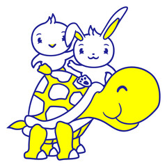 2 Bunny Bird Big Giant Tortoise Waving Two Team Design Lover Art Vector Illustration Card T-Shirt Poster Sticker Graphic Print Decorative Drawing Isolated Logo Decoration Symbol Creative Cool Style
