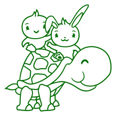 2 Bunny Bird Big Giant Tortoise Waving Two Team Design Lover Art Vector Illustration Card T-Shirt Poster Sticker Graphic Print Decorative Drawing Isolated Logo Decoration Symbol Creative Cool Style
