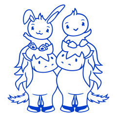 2 Rabbit Bird Horse Riding Rider Little Horse Team Design Lover Art Vector Illustration Card T-Shirt Poster Sticker Graphic Print Decorative Drawing Isolated Logo Decoration Symbol Creative Cool Style