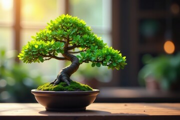 Ficus bonsai on bright backdrop, shallow depth of field, bright, green, home