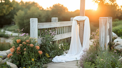 White cloth draped over rustic wooden bridge at sunset