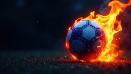 Fototapeta premium Fiery blue football engulfed in flames, dark backdrop, graphic, element, smoke