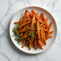 closeup, A plate of caramelized sweet potato fries with microgreens on the side, placed against a white marble background