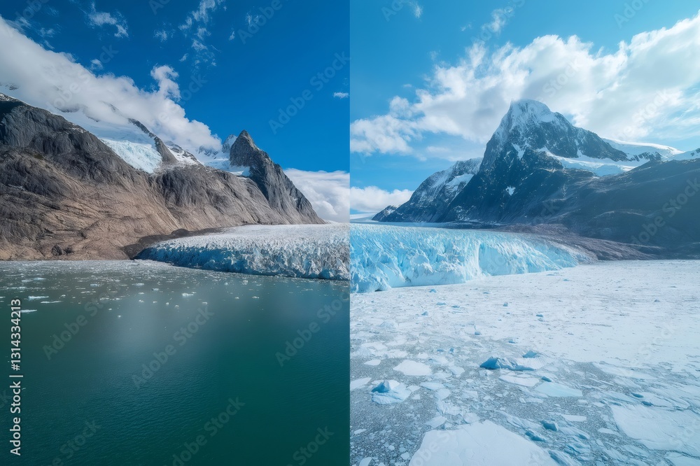 Poster melting glacier showing the effects of climate change and global warming with a before and after com
