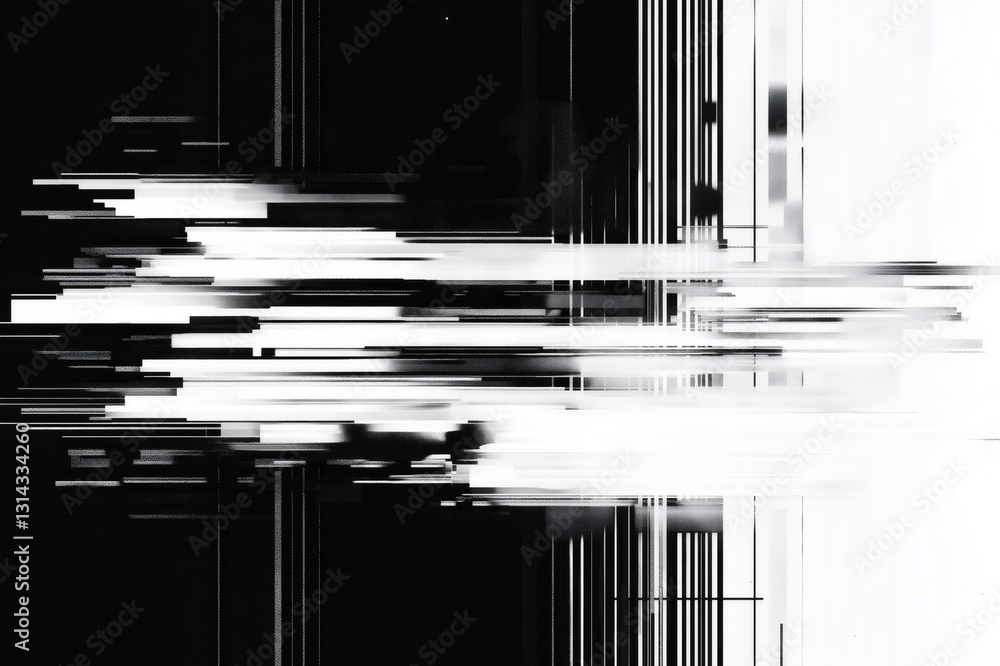 Poster abstract black and white glitch inspired pattern creating digital distortions and visual artifacts