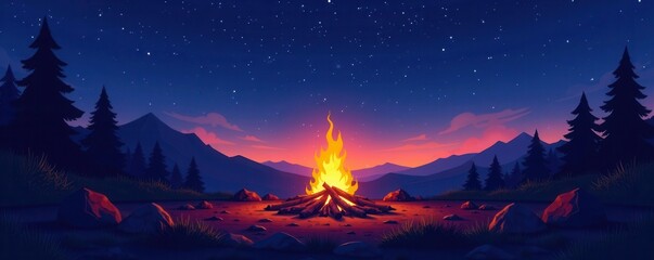 Flat campfire scene, starry night sky, silhouettes of trees, night, graphic design, dark