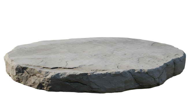A large, flat rock slab with a rough, cracked surface and jagged edges, isolated on a transparent background.